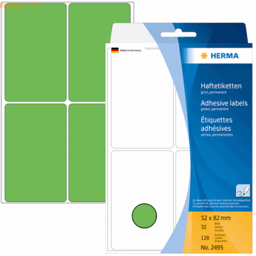 4008705024952 - HERMA Mehrzwecketiketten 2495 Grün 52 x 82 mm Rechteckig 32 Blatt à 4 Etiketten 4008705024952 - HERMA Mehrzwecketiketten 2495 Grün 52 x 82 mm Rechteckig 32 Blatt à 4 Etiketten