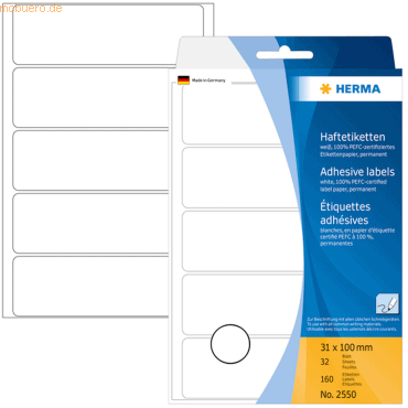 4008705025508 - HERMA Mehrzwecketiketten 2550 Weiß Rechteckig 31 x 100 mm 32 Blatt à 5 Etiketten 4008705025508 - HERMA Mehrzwecketiketten 2550 Weiß Rechteckig 31 x 100 mm 32 Blatt à 5 Etiketten