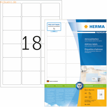 HERMA Etiketten weiß 63,5x46,6mm Premium A4 VE=1800 Stück