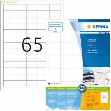 HERMA Etiketten weiß 38,1x21,2mm Premium A4 VE=6500 Stück
