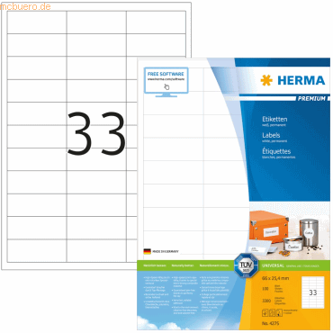 HERMA Etiketten weiß 66x25,4mm Premium A4 VE=3300 Stück
