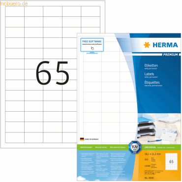 HERMA Etiketten weiß 38,1x21,2mm Premium A4 VE=13000 Stück