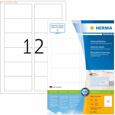 HERMA Etiketten weiß 88,9x46,6mm Premium A4 VE=1200 Stück