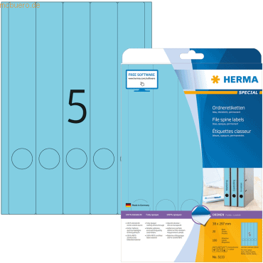 4008705051330 - selbstklebende Rückenschilder A4 Etiketten 5133 blau schmal lang 38x297mm (BxH) selbstklebend permanent 4008705051330 20 Blatt 4008705051330 - selbstklebende Rückenschilder A4 Etiketten 5133 blau schmal lang 38x297mm (BxH) selbstklebend permanent 4008705051330 20 Blatt