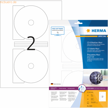 4008705088855 - HERMA Inkjet CD-Etiketten Maxi A4 Ø 116 mm weiß Papier glänzend 20 St - Weiß - Selbstklebendes Druckeretikett - A4 - Papier - Tintenstrahl - Dauerhaft