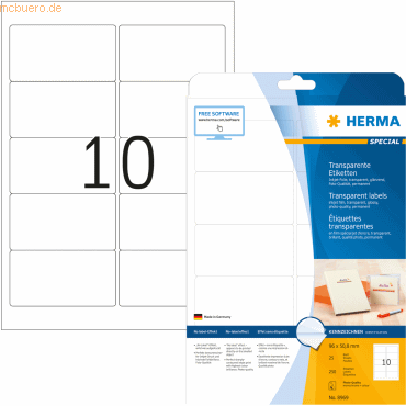 HERMA Inkjet-Etiketten Folie 96,0x50,8mm A4 transparent glänzend VE=25