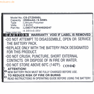 4021499578180 - Akku für Zte Li3831T43P4H826247 Li-Pol 38 Volt 2500 mAh schwarz 4021499578180 - Akku für Zte Li3831T43P4H826247 Li-Pol 38 Volt 2500 mAh schwarz