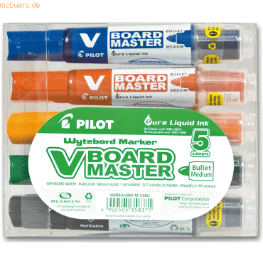 Pilot Boardmarker V-Boardmaster Begreen Set 5 Farben + Tafelwischer