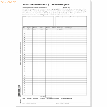 4002871013376 - Arbeitszeitnachweis nach § 17 Mindestlohngesetz A4 Block 24 Blatt