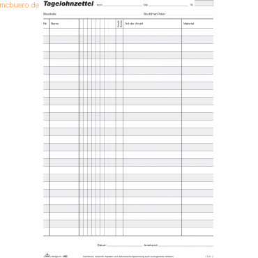 4002871018005 - Tagelohnzettel 180 A4 mit Durchschreibepapier 3x 50 Blatt 4002871018005 RNK 4002871018005 - Tagelohnzettel 180 A4 mit Durchschreibepapier 3x 50 Blatt 4002871018005 RNK