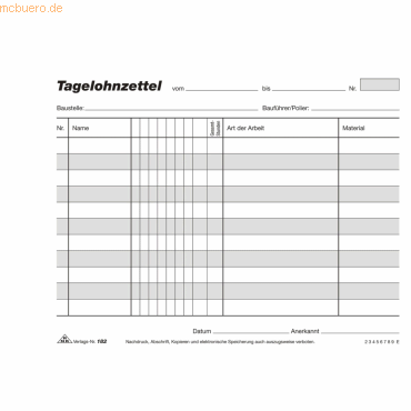 4002871018203 - Tagelohnzettelblock A5 quer 3x40 Blatt selbstdurchschreibend