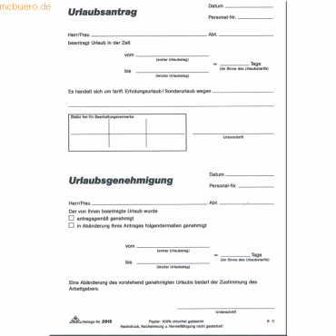 4002871291507 - Formularbuch Urlaubsantrag Tarif- und Sonderurlaub A5 50 Blatt 4002871291507 - Formularbuch Urlaubsantrag Tarif- und Sonderurlaub A5 50 Blatt
