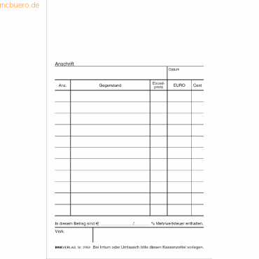 4002871295000 - 10 x Kassenblock ohne Nummerierung 96x167mm 2x50 Blatt