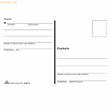 4002871404617 -  Postkarte 4046 10 A5 148mm x 105mm (BxH) 170g Graudruck mit Absender 4002871404617 RNK Verlag 10 Stück