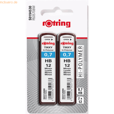 4006856602180 - rOtring Hochpolymer-Ersatzminen für Druckbleistifte | 7 mm | HB | 2 x 12 Minen