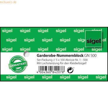 4004360842078 - Garderobe-Nummernblock - nummeriert 1-500 105 x 50 mm 2-fbg sortiert 4004360842078 5 Stück