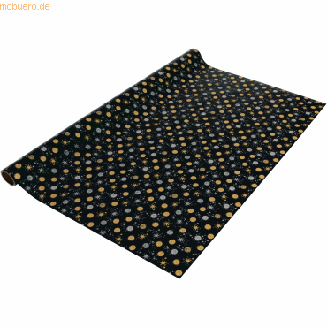 4004360821820 - Geschenkpapier Stardust L 5 m x B 70 cm schwarz mit gold-silbernen Sternen Kreisen 1 Rolle