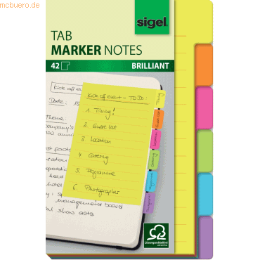 Sigel Tab Marker Notes Papier 100x148mm mit großem Notizfeld 6 Farben