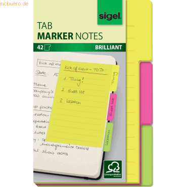 Sigel Tab Marker Notes Papier 100x148mm mit großem Notizfeld 3 Farben