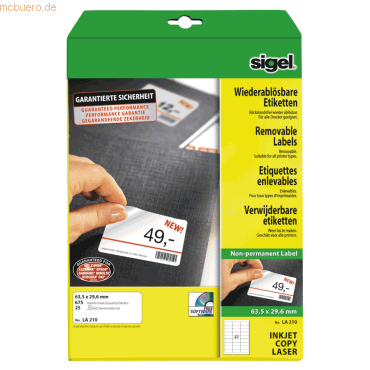 Sigel Etiketten Inkjet/Laser Kopier 63,5x29,6mm ablösbar VE=675 Stück