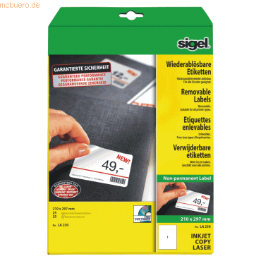 4004360907142 - SIGEL LA230 Ablösbare Etiketten weiß 210 x 297 mm (A4) 25 Etiketten = 25 Blatt abgerundet