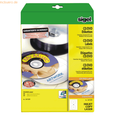 Sigel CD-/DVD-Etiketten Inkjet/Laser Kopier 117mm VE=50 Stück (25 Blat