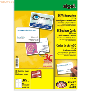 Sigel Visitenkarten 3C Ink/Laser/Copy 225g/qm hochweiß VE=400 Stück