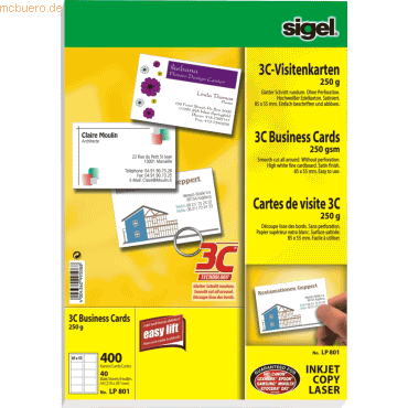 Sigel Visitenkarten 3C Ink/Laser/Copy 250g/qm hochweiß VE=400 Stück