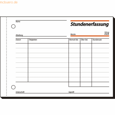 Sigel Stundenerfassung A6 quer 60g/qm mit Blaupapier 50 Blatt