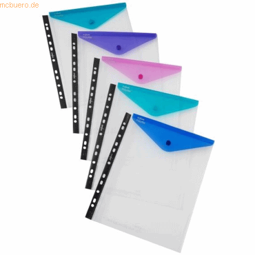 5 x Snopake Dokumentenhüllen A4 mit Abheftlochung und farbiger Klappe