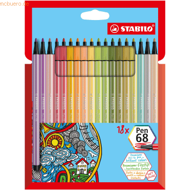 10 x Stabilo Fasermaler Pen 68 Kartonetui mit 18 Farben