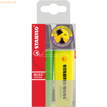 4006381224222 - - Stabilo boss 70 2er-Pack Textmarker - 2 bis 5 mm Strich - nachfüllbar - Tinte auf Wasserbasis - sortierte Farben