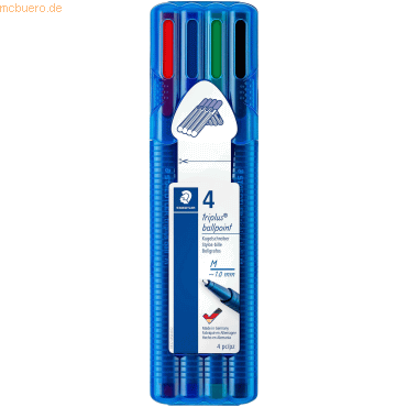 4007817438657 - STAEDTLER Kugelschreiber triplus ball 437 M 4er Etui ergonomischer Dreikantschaft Strichstärke M - 1 Stück (437 MSB4)