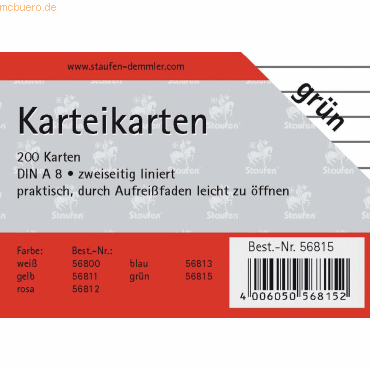 4006050568152 - Karteikarten A8 liniert 180g qm grün VE=200 Stück