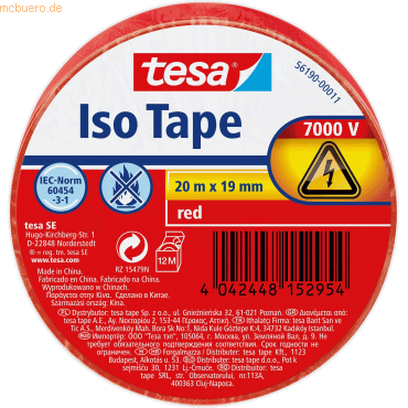 4042448152954 - Iso Tape Isolierband rot 190 mm x 200 m 1 Rolle 20 Meter