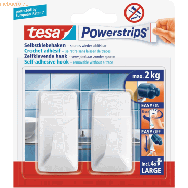 4042448392893 - tesa Powerstrips Haken Large ECKIG - Selbstklebender Wandhaken für Glas Kacheln Holz Kunststoff und andere Untergründe - Weiß - weiß