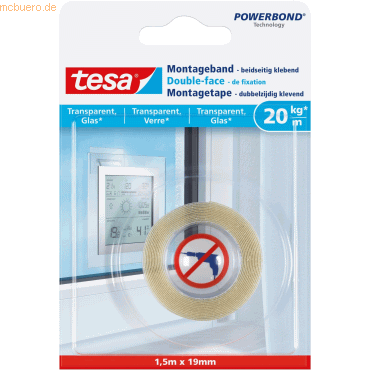 12 x Tesa Montageband für transparente Oberflächen und Glas 1,5mx19mm
