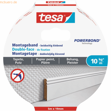10 x Tesa Montageband für Tapeten und Putz 5mx19mm (10kg/m) weiß