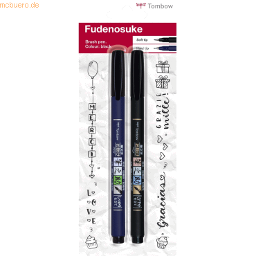 6 x Tombow Fasermaler Brush Pen Fudenosuke Härtegrade 1 + 2 schwarz VE