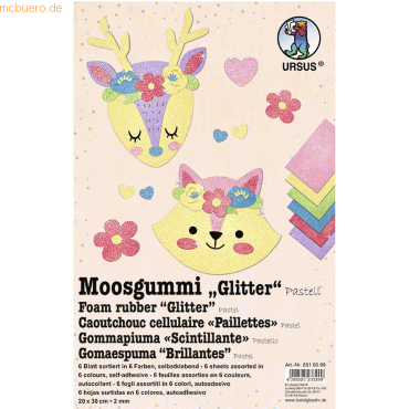 Ludwig Bähr Moosgummi 2mm 20x30cm VE=6 Blatt 6 Farben Glitter Pastell