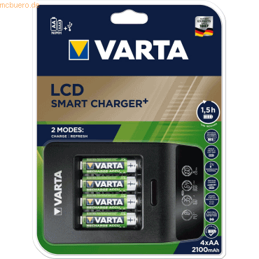 Varta Batterieladegrät LCD Smart Charger+ inklusive 4 Akkus AA