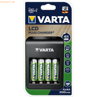 Varta Batterieladegrät LCD Plug Charger+ inklusive 4 Akkus AA