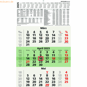 Zettler Dreimonatskalender 956 29,5x49cm Recycling 2025