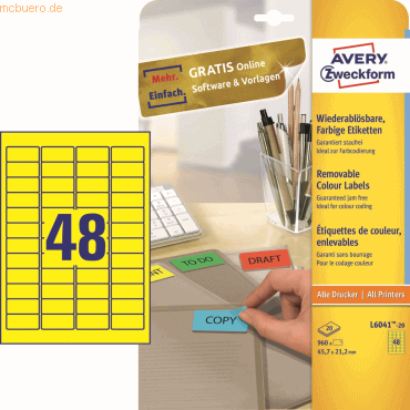 Etiketten Inkjet/Laser/Kopier 45,7x21,2mm VE=960 Stück gelb