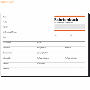 Formularbuch Fahrtenbuch Pkw A6 quer VE=44 Blatt