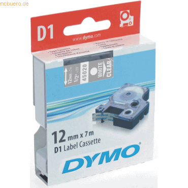 Etikettenband Dymo D1 12mm/7m weiß/transparent