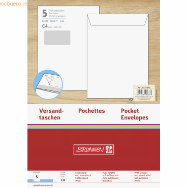 Versandtasche C4 Fenster 120g/qm Haftklebung wei&szlig; VE=5 St&uuml;ck