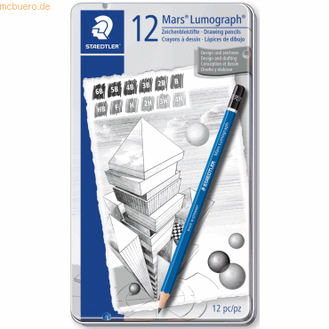 Bleistift Mars Lumograph im Metalletui 12 Stifte verschiedene Härtegrade